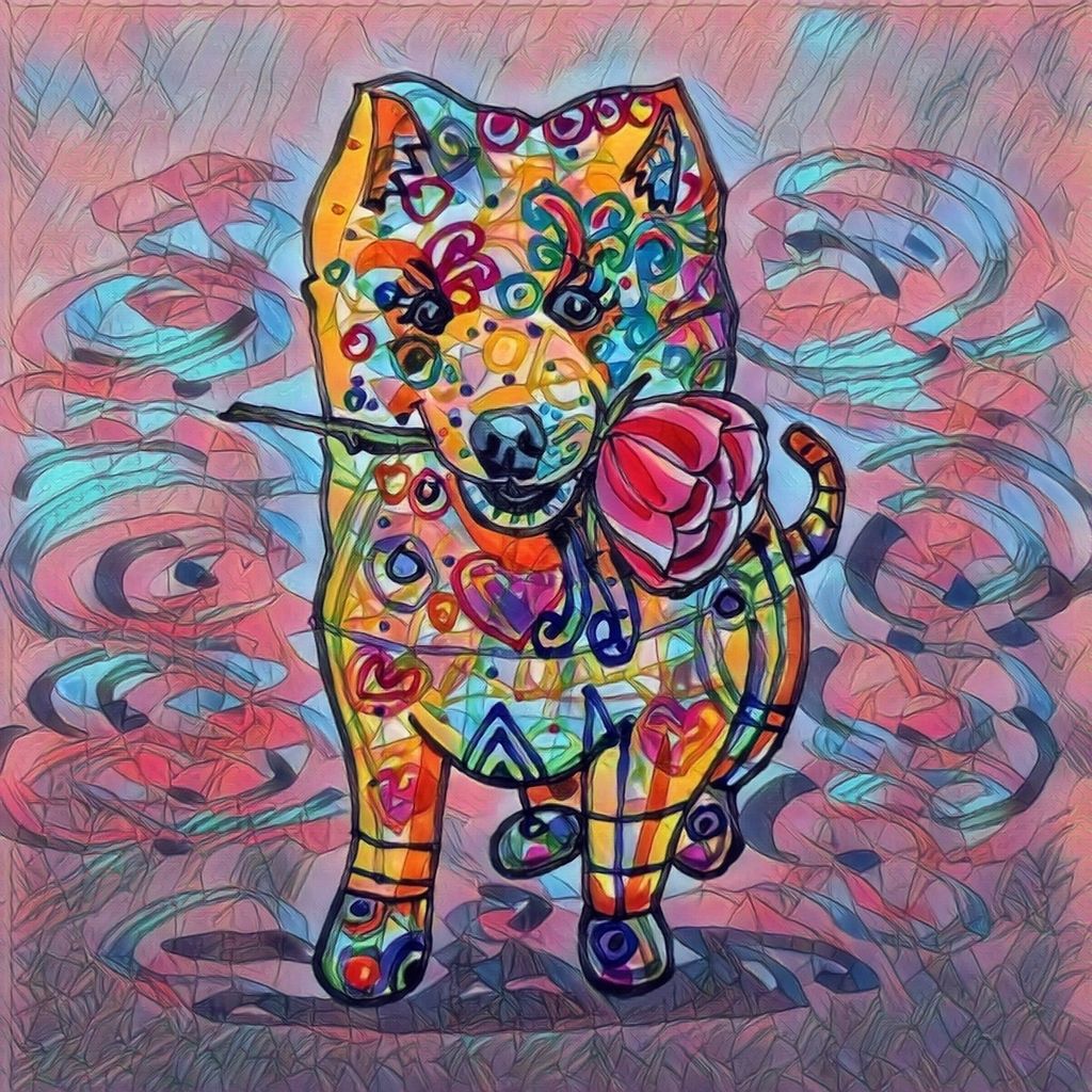 Dog carrying roses